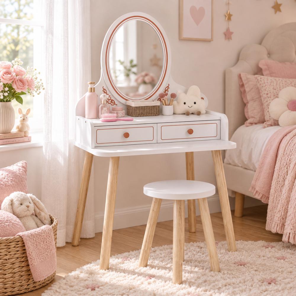 Coiffeuse enfant princesse en bois blanc avec miroir ovale et tabouret — 3 à 8 ans
