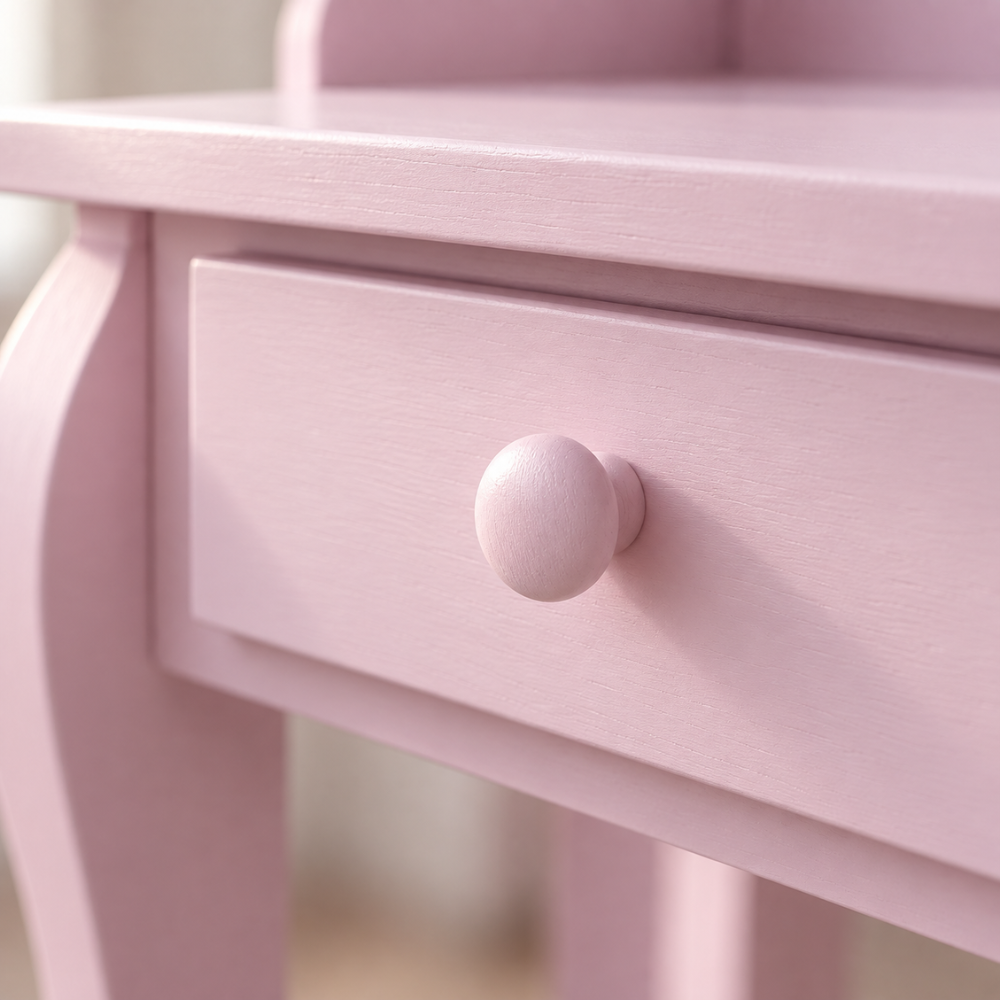 Coiffeuse enfant princesse en bois rose avec miroir et tabouret — 3 à 6 ans