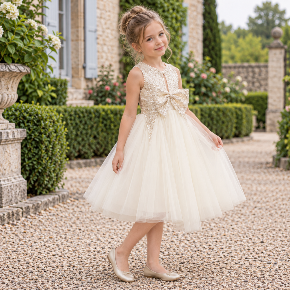 Robe de Cérémonie Fille Ivoire à Paillettes  – 2 à 10 ans
