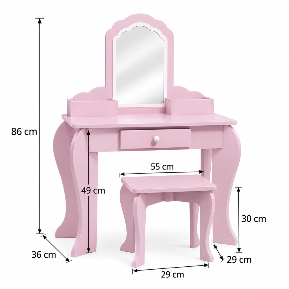 Coiffeuse enfant princesse en bois rose avec miroir et tabouret — 3 à 6 ans