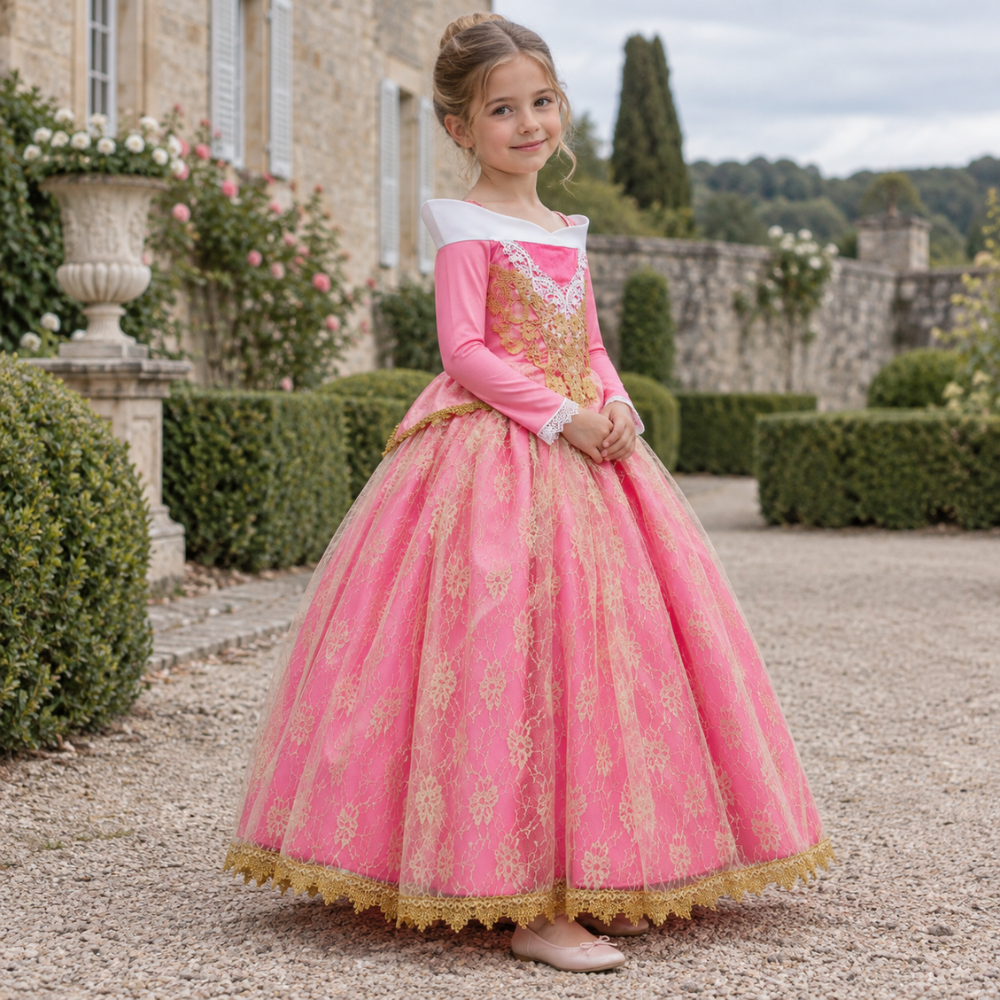 Robe de Princesse Fille Rose et Dorée – 3 à 12 ans