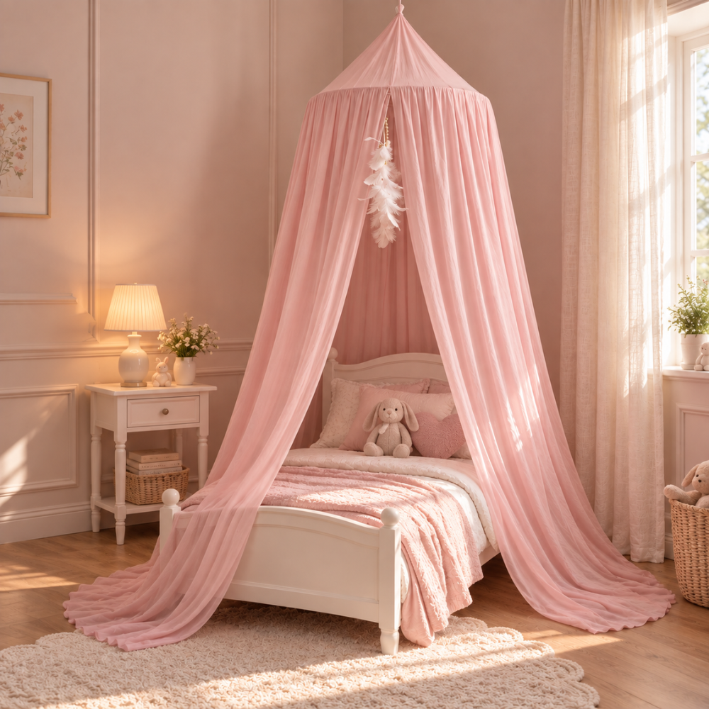 Ciel de Lit Enfant Fille Rose en Voilage Coton avec Plumes