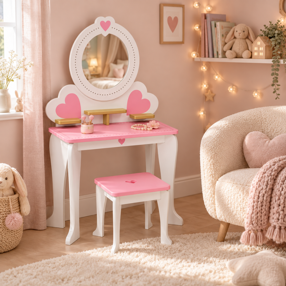 Coiffeuse enfant princesse 2 en 1 en bois avec miroir amovible et tabouret — dès 3 ans