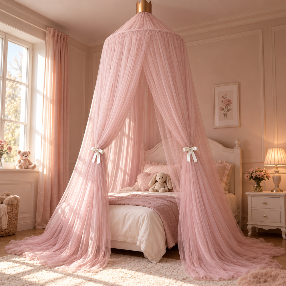 Ciel de Lit Enfant Fille en Tulle avec Couronne Dorée