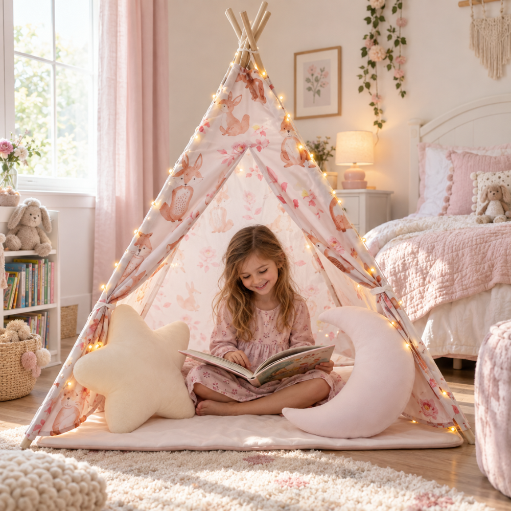 Tipi Enfant Fille Rose à Motif Lapins avec Tapis, Coussins et Guirlande Lumineuse