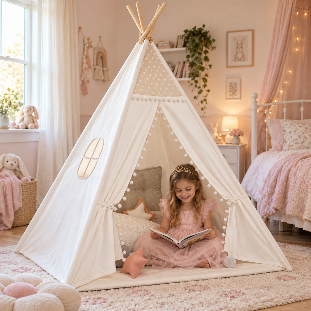 Tipi Enfant Fille Blanc à Pompons avec Fenêtre