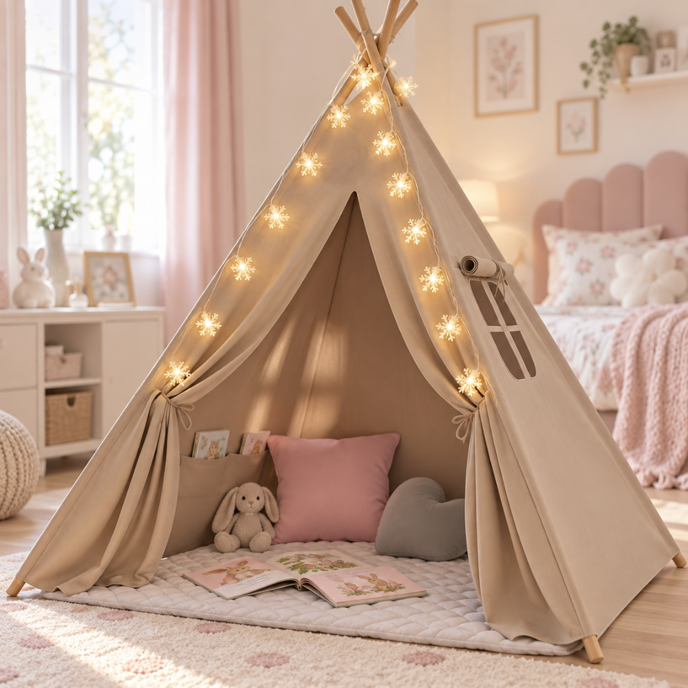 Tipi Enfant Fille Beige avec Tapis, Coussins et Guirlande Lumineuse