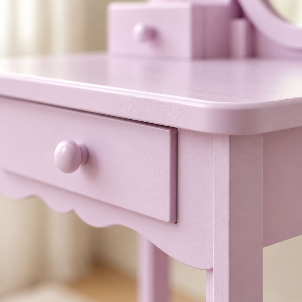 Coiffeuse enfant princesse en bois violet avec miroir, tabouret et accessoires — 3 à 6 ans