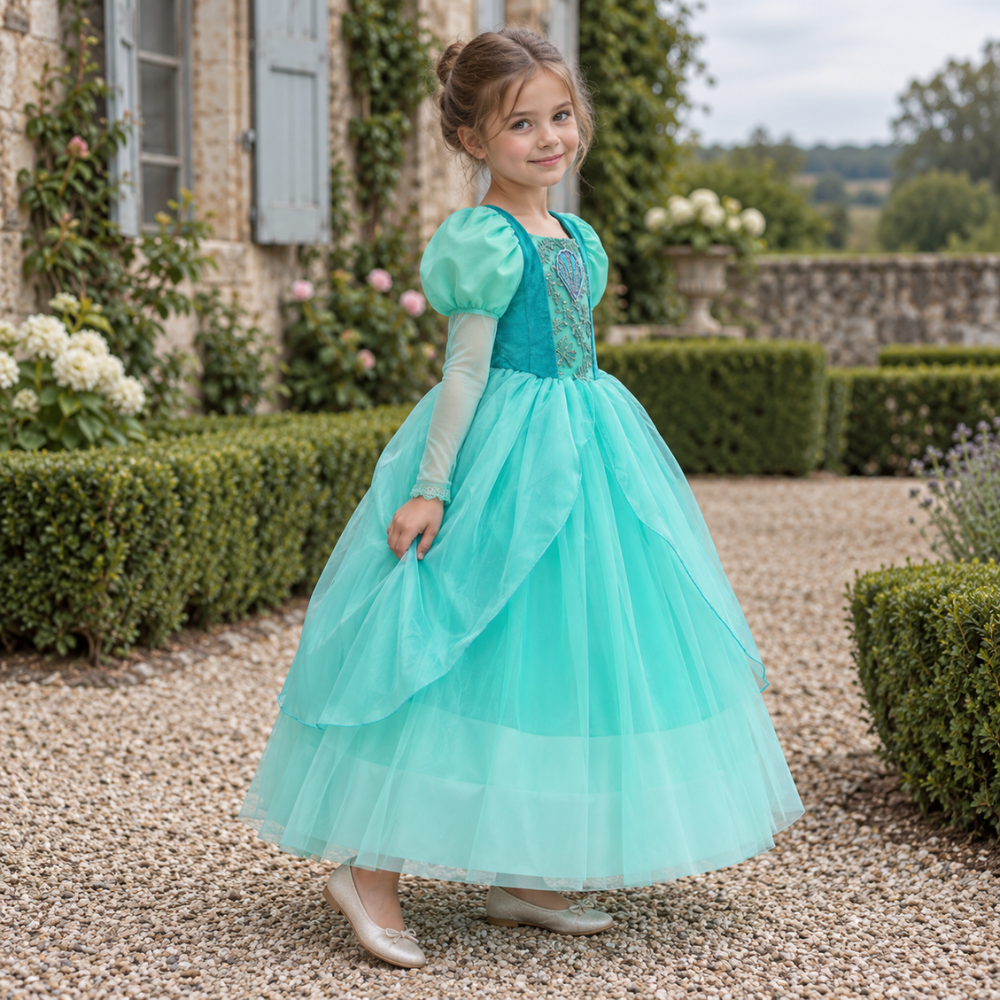 Robe de Princesse Fille Vert Corsage Brodé Coquillage – 2 à 10 ans