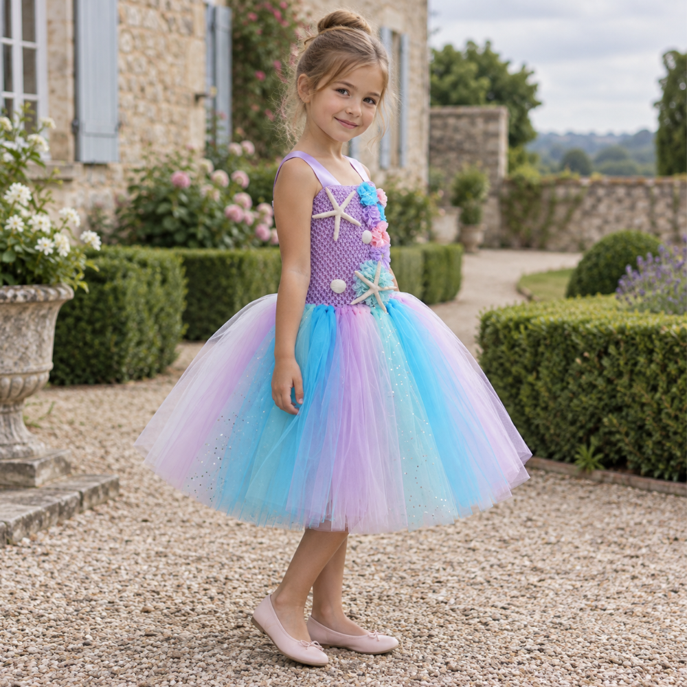 Robe de Princesse Fille Sirène en Tulle avec Étoiles de Mer – 2 à 12 ans