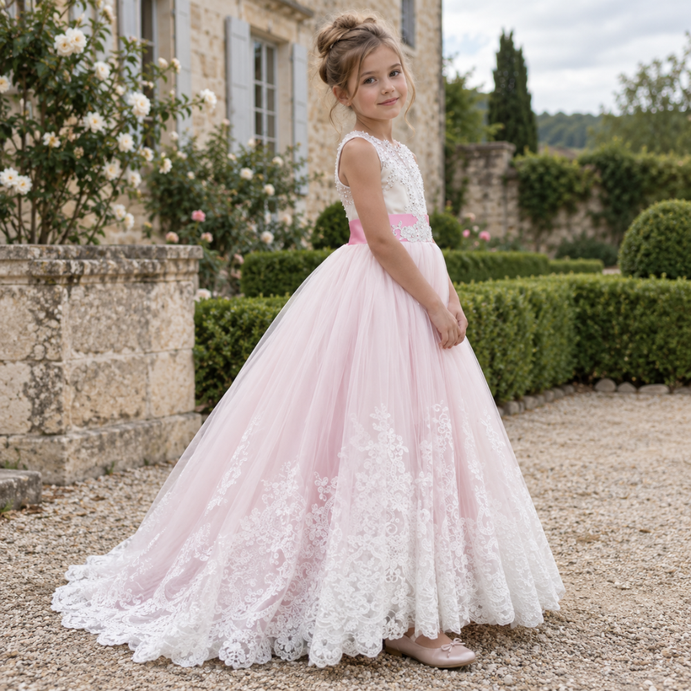 Robe de Cérémonie Fille Longue en Dentelle et Tulle  – 3 à 14 ans