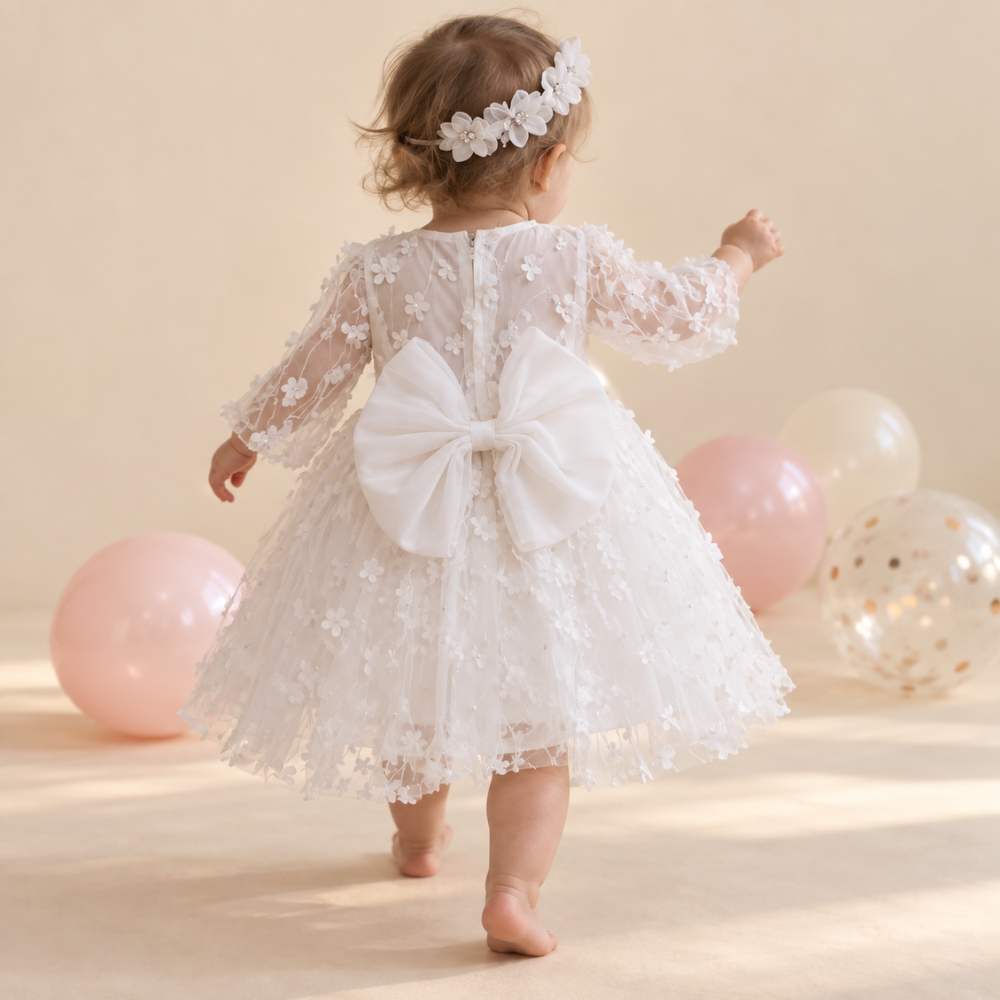 Robe de Princesse Bébé Blanche de Baptême et Manches Longues – 0 à 24 mois