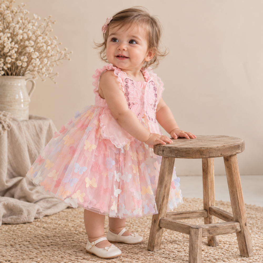 Robe de Princesse Bébé Rose à Ailes de Papillon en Tulle – 9 mois à 3 ans