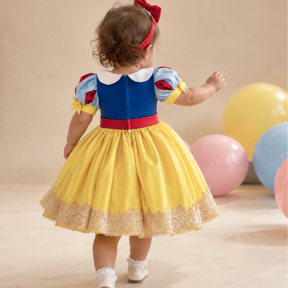Robe de Princesse Bébé Jaune et Bleue à Grand Nœud avec Bandeau – 6 mois à 3 ans