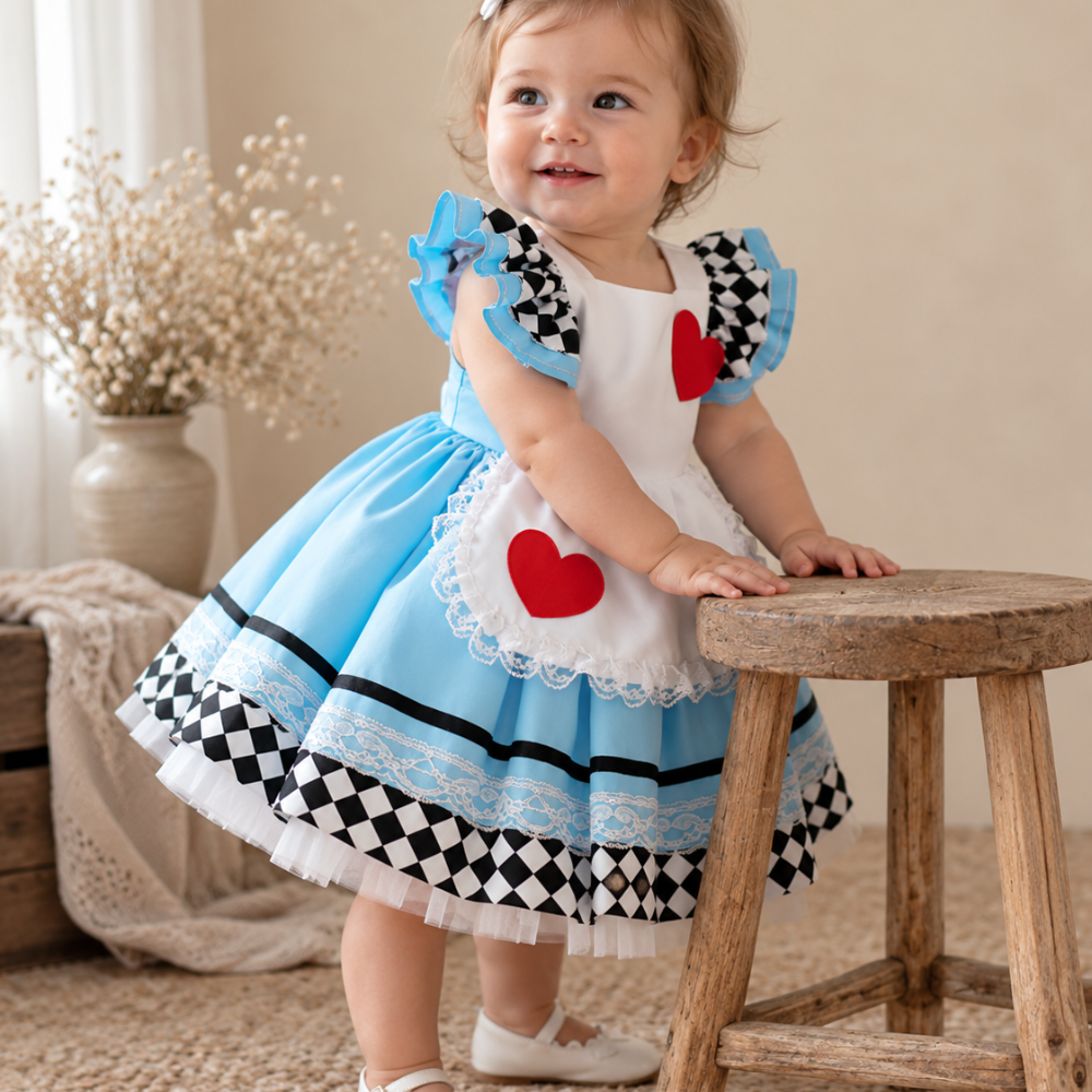 Robe de Princesse Bébé Bleue à Tablier Blanc et Damier – 9 mois à 4 ans