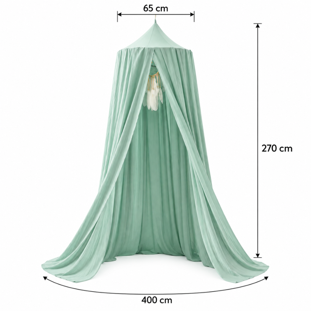 Ciel de Lit Enfant Vert Sauge en Voilage avec Plumes