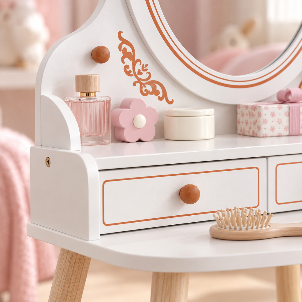 Coiffeuse enfant princesse en bois blanc avec miroir ovale et tabouret — 3 à 8 ans