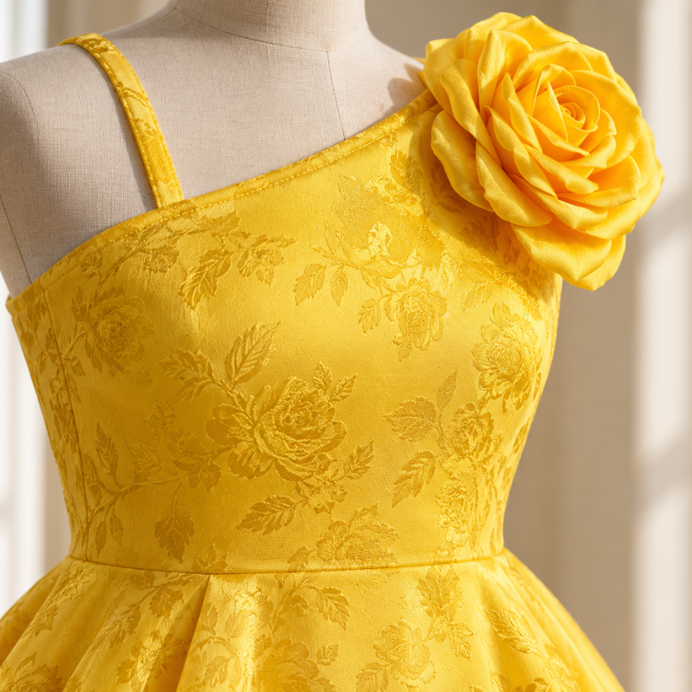 Robe de Cérémonie Fille Jaune Asymétrique avec Rose  – 4 à 12 ans