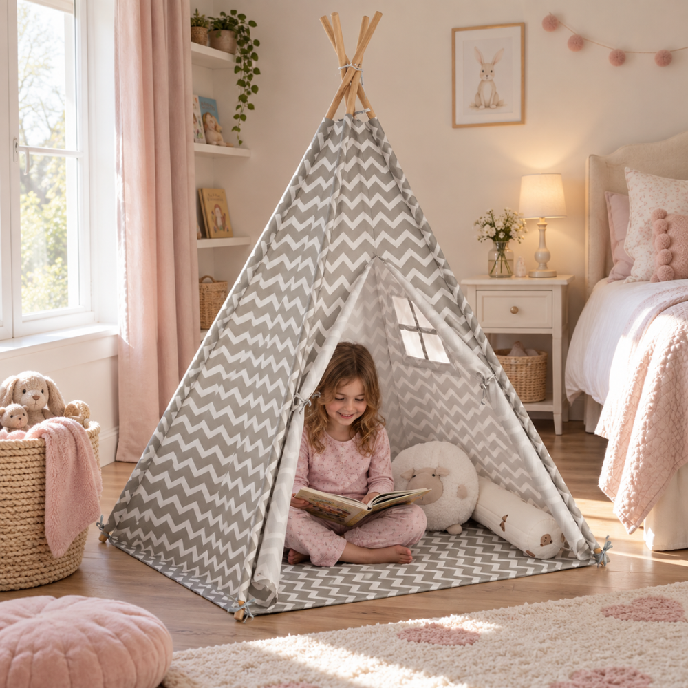 Tipi Enfant Gris à Chevrons avec Tapis de Sol et Fenêtre