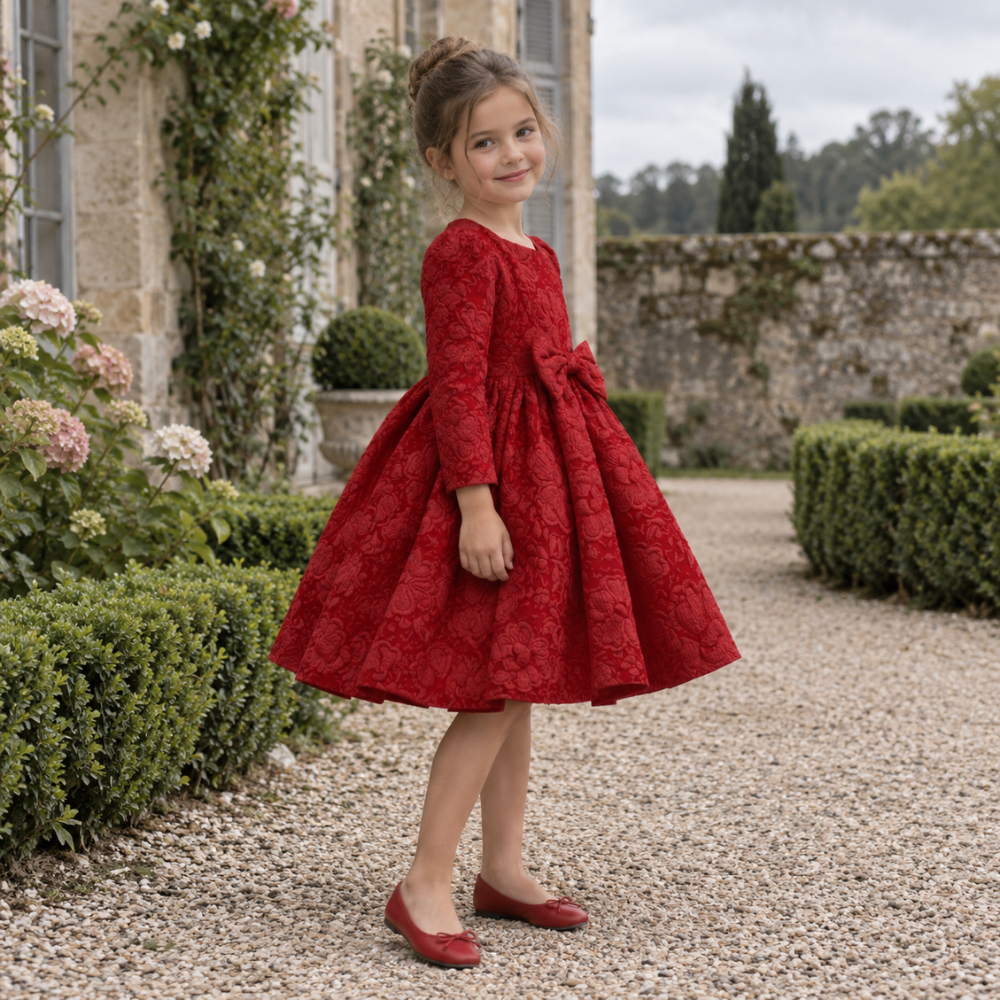 Robe de Cérémonie Fille à Manches Longues avec Grand Nœud  – 18 mois à 7 ans