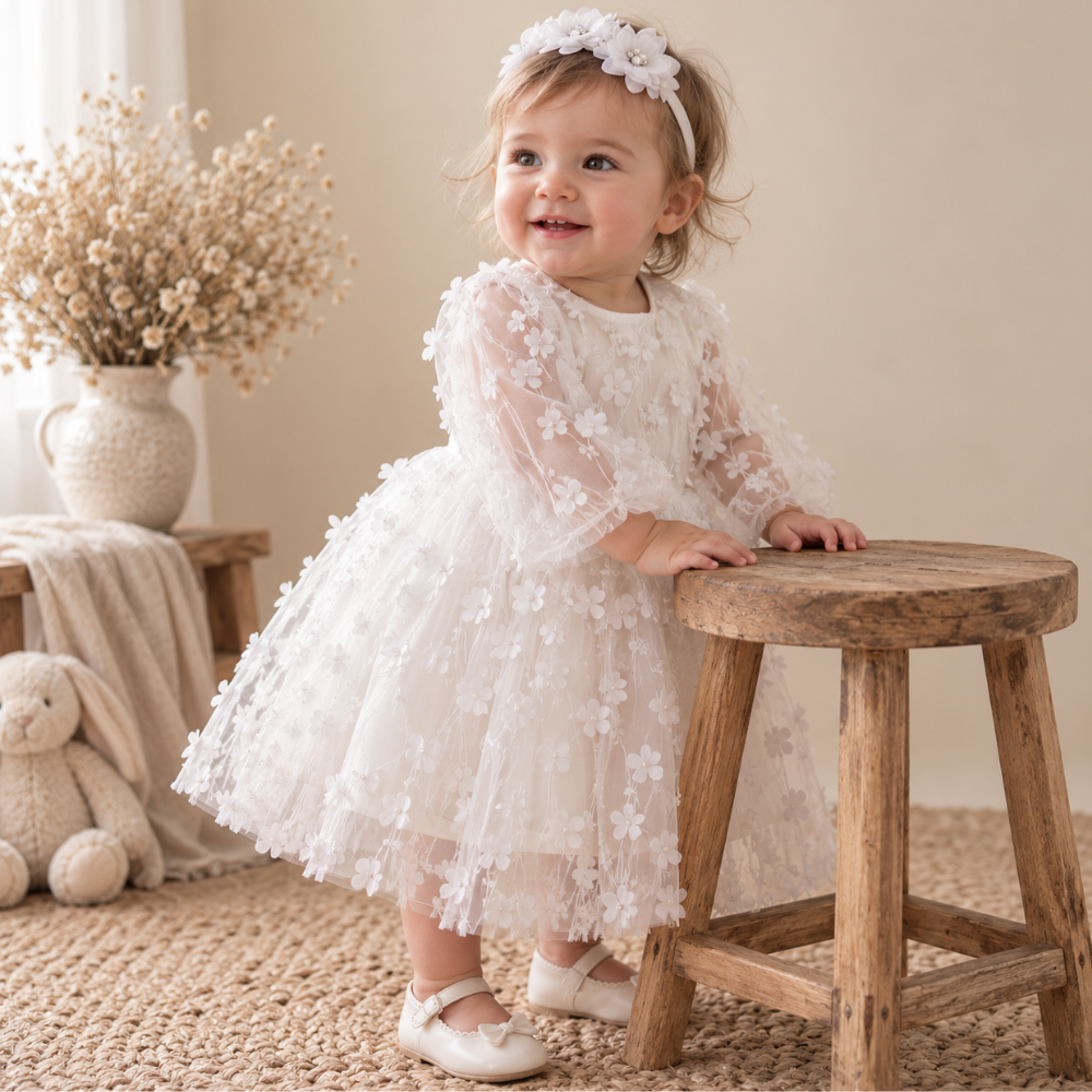 Robe de Princesse Bébé Blanche de Baptême et Manches Longues – 0 à 24 mois