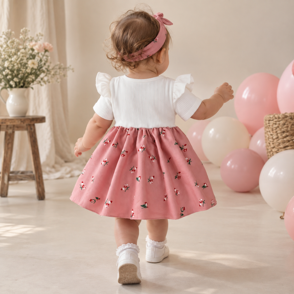 Robe de Princesse Bébé Fleurie avec Bandeau – 3 à 24 mois