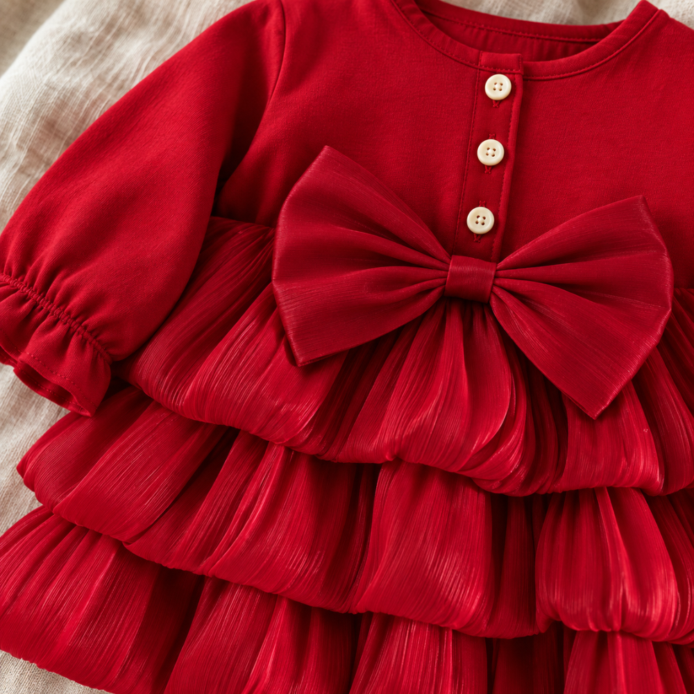 Robe de Princesse Bébé de Noël Rouge à Manches Longues et Grand Nœud – 6 à 24 mois