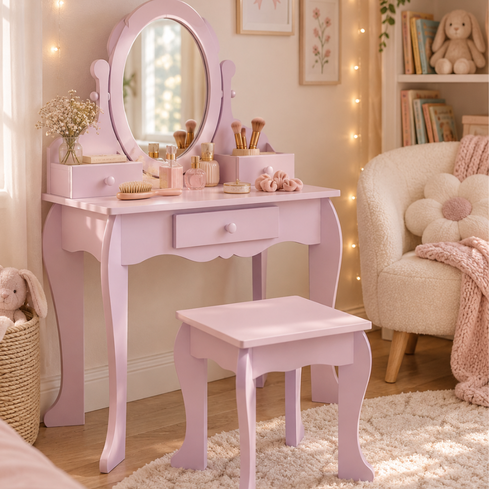 Coiffeuse enfant princesse en bois violet avec miroir, tabouret et accessoires — 3 à 6 ans