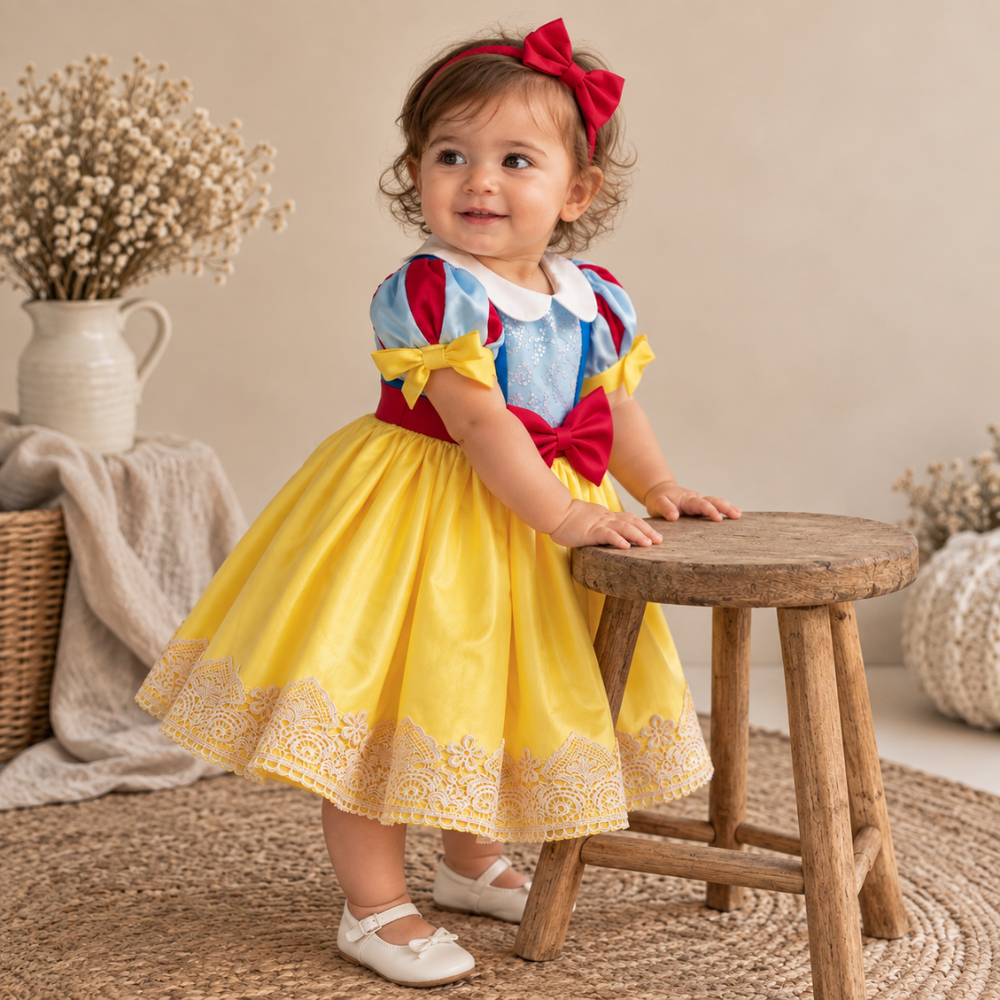 Robe de Princesse Bébé Jaune et Bleue à Grand Nœud avec Bandeau – 6 mois à 3 ans