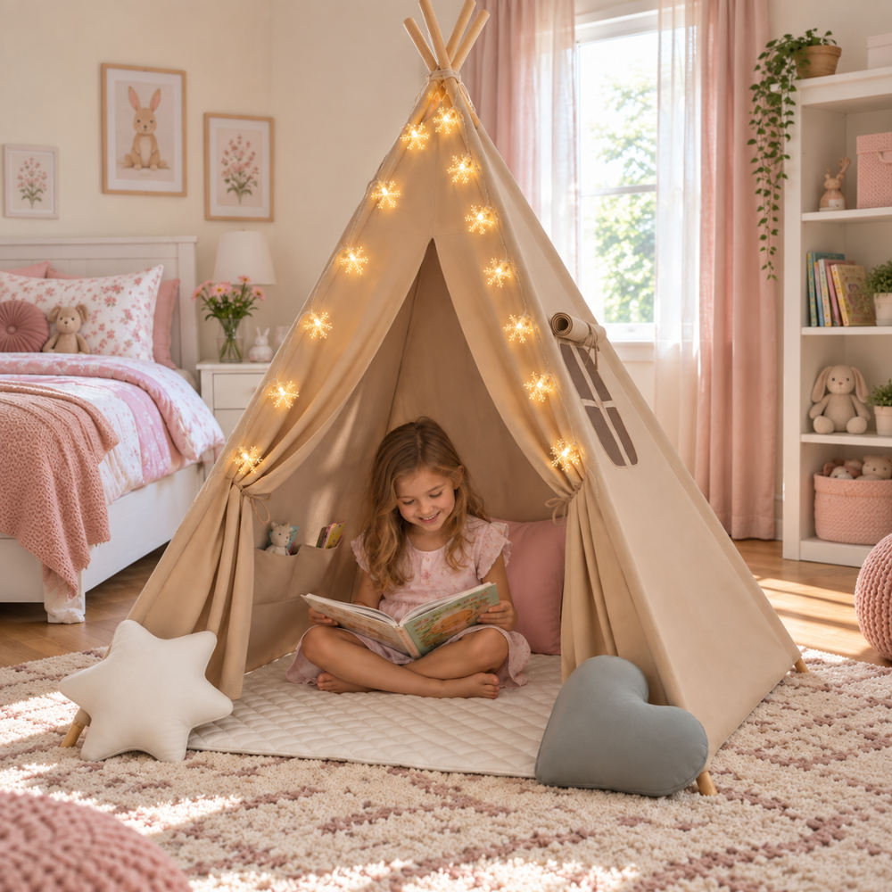 Tipi Enfant Fille Beige avec Tapis, Coussins et Guirlande Lumineuse