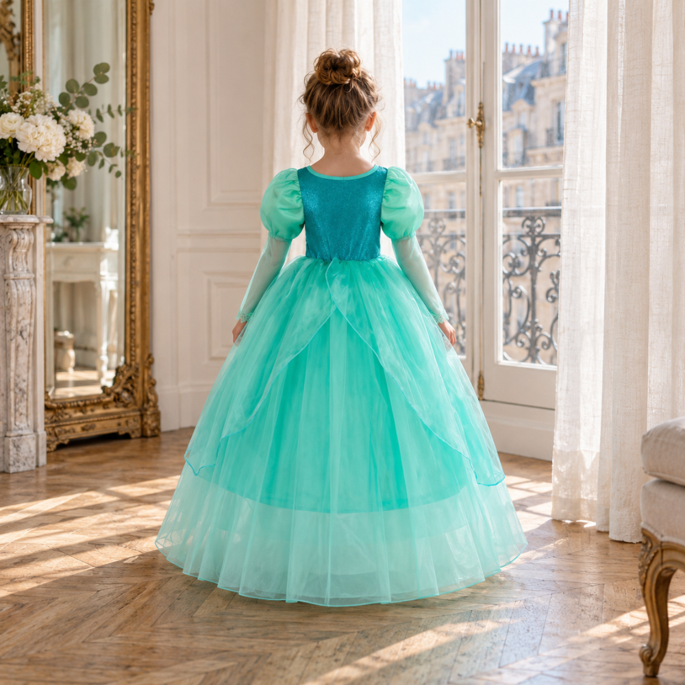 Robe de Princesse Fille Vert Corsage Brodé Coquillage – 2 à 10 ans