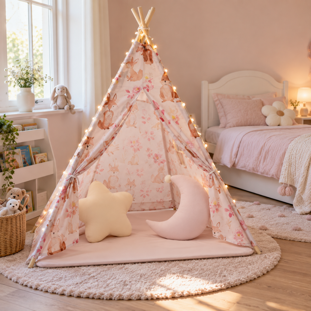 Tipi Enfant Fille Rose à Motif Lapins avec Tapis, Coussins et Guirlande Lumineuse