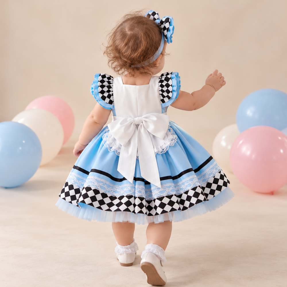 Robe de Princesse Bébé Bleue à Tablier Blanc et Damier – 9 mois à 4 ans