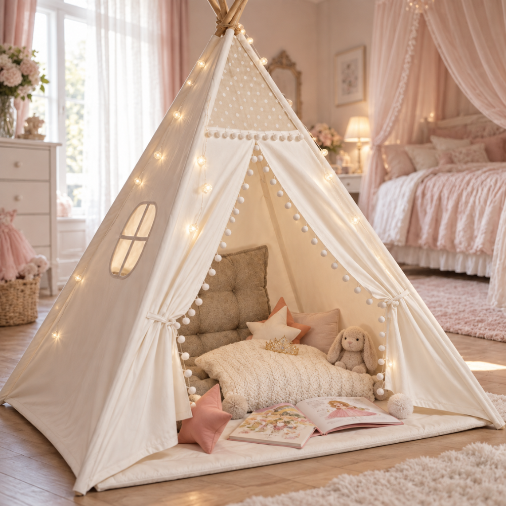 Tipi Enfant Fille Blanc à Pompons avec Fenêtre