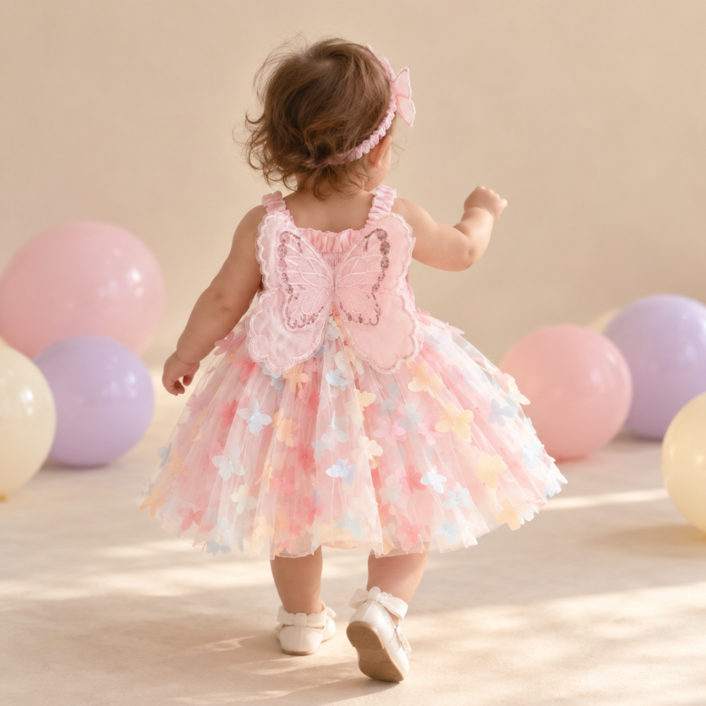 Robe de Princesse Bébé Rose à Ailes de Papillon en Tulle – 9 mois à 3 ans
