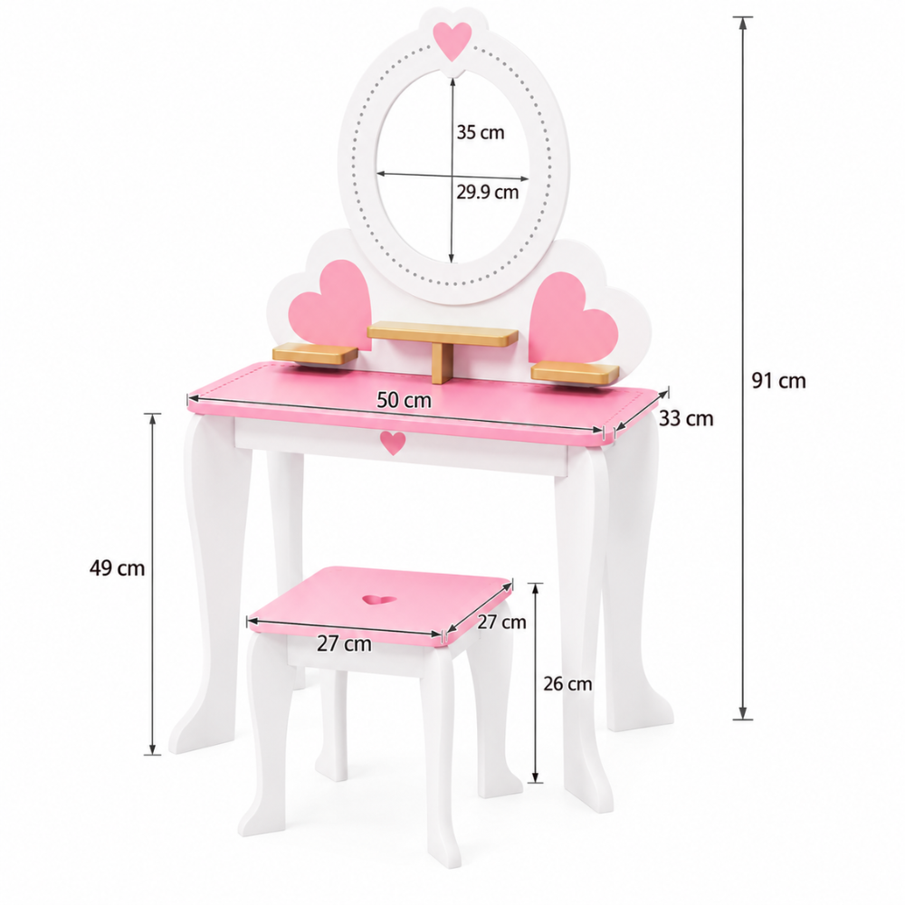 Coiffeuse enfant princesse 2 en 1 en bois avec miroir amovible et tabouret — dès 3 ans