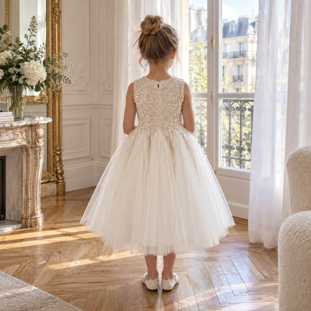 Robe de Cérémonie Fille Ivoire à Paillettes  – 2 à 10 ans