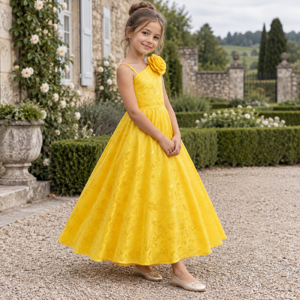 Robe de Cérémonie Fille Jaune Asymétrique avec Rose  – 4 à 12 ans