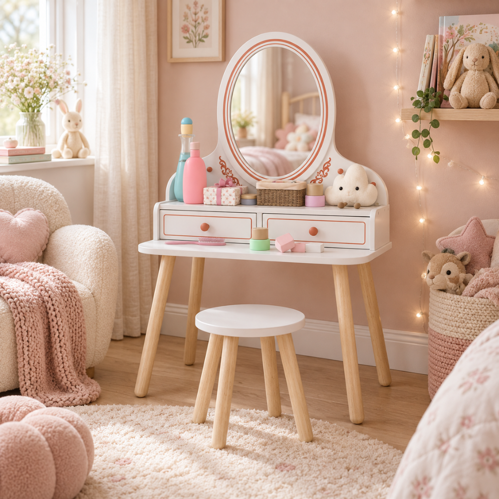 Coiffeuse enfant princesse en bois blanc avec miroir ovale et tabouret — 3 à 8 ans