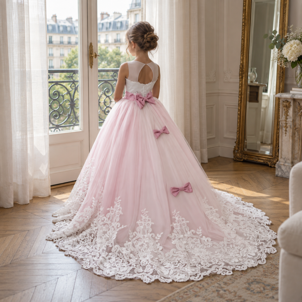 Robe de Cérémonie Fille Longue en Dentelle et Tulle  – 3 à 14 ans