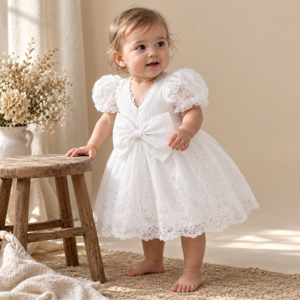 Robe de Princesse Bébé en Dentelle Brodée à Manches Bouffantes – 6 mois à 3 ans