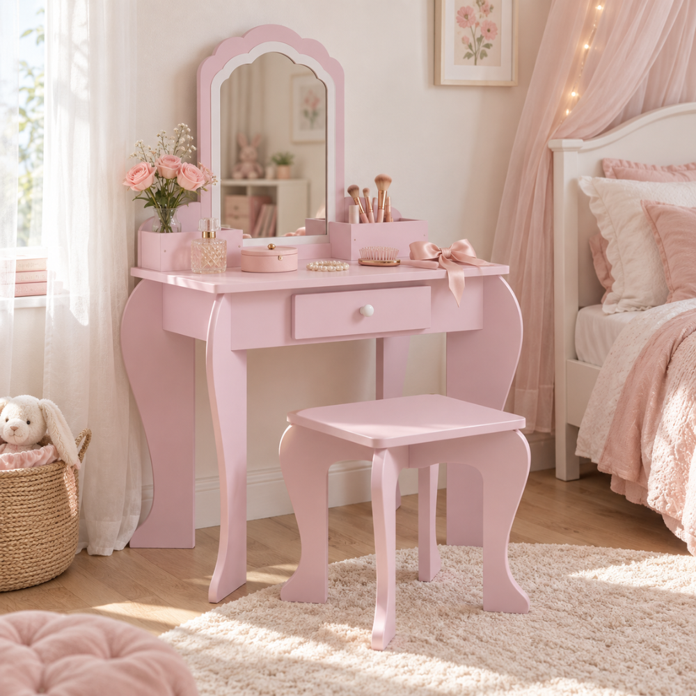 Coiffeuse enfant princesse en bois rose avec miroir et tabouret — 3 à 6 ans