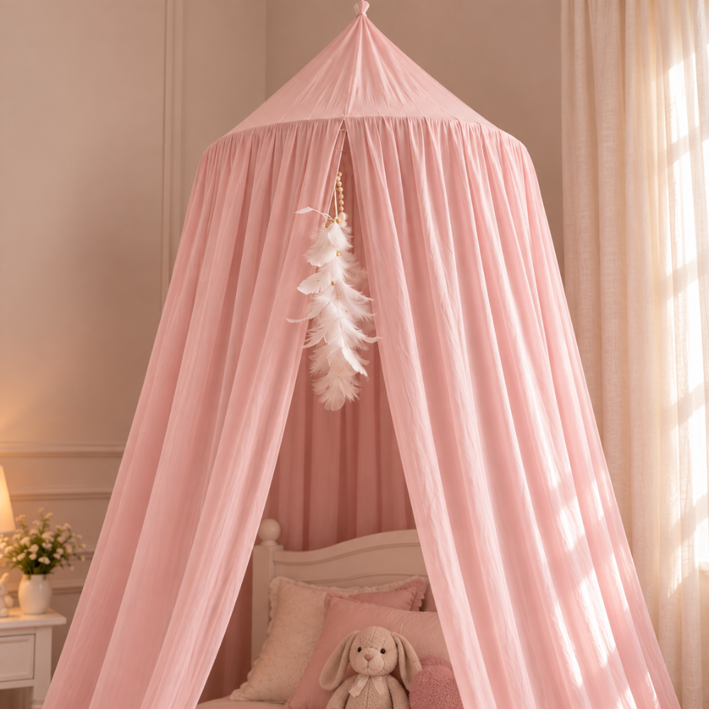 Ciel de Lit Enfant Fille Rose en Voilage Coton avec Plumes