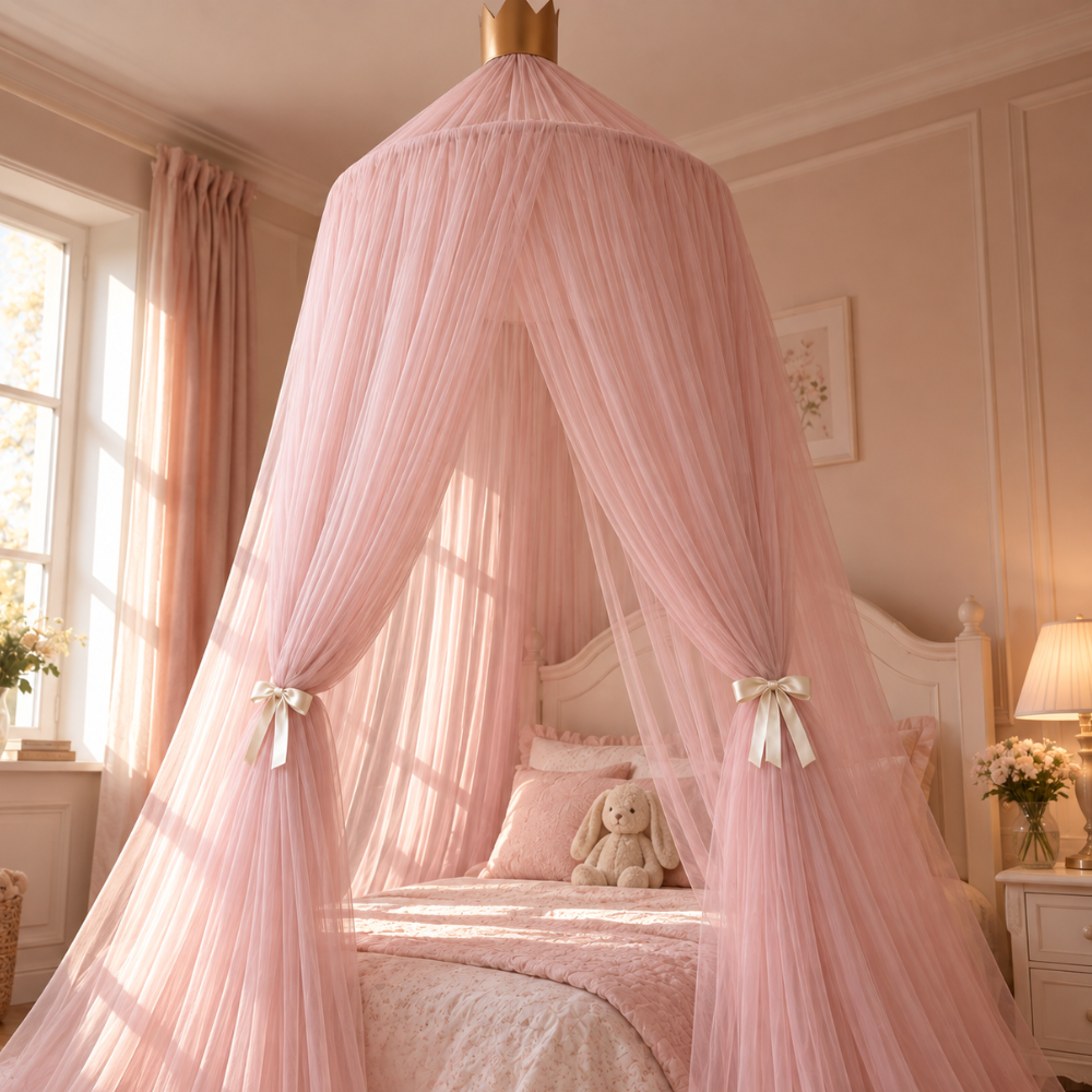 Ciel de Lit Enfant Fille en Tulle avec Couronne Dorée