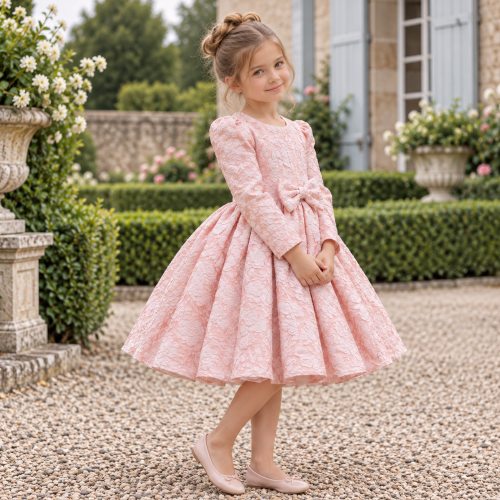 Robe de Cérémonie Fille à Manches Longues avec Grand Nœud  – 18 mois à 7 ans