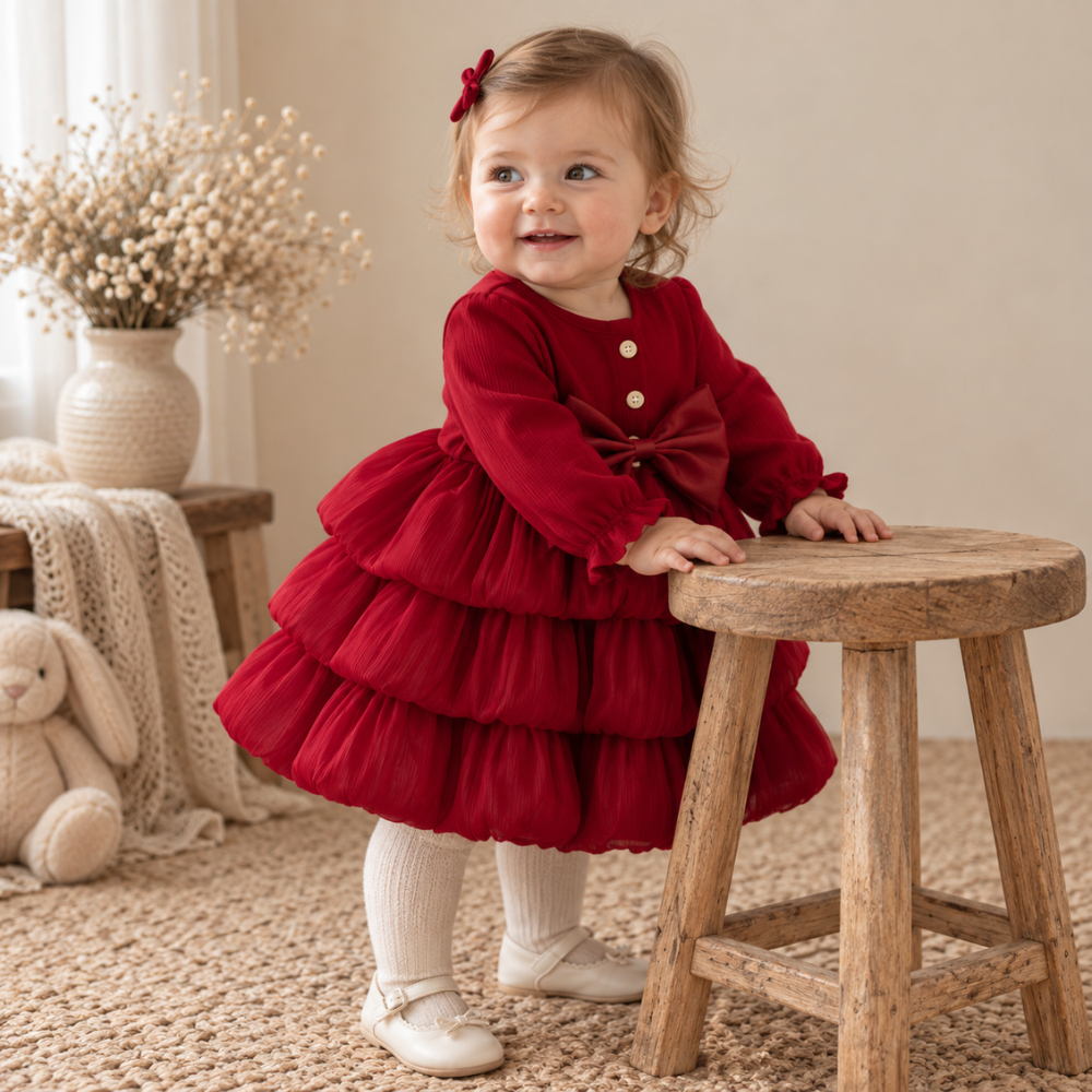 Robe de Princesse Bébé de Noël Rouge à Manches Longues et Grand Nœud – 6 à 24 mois