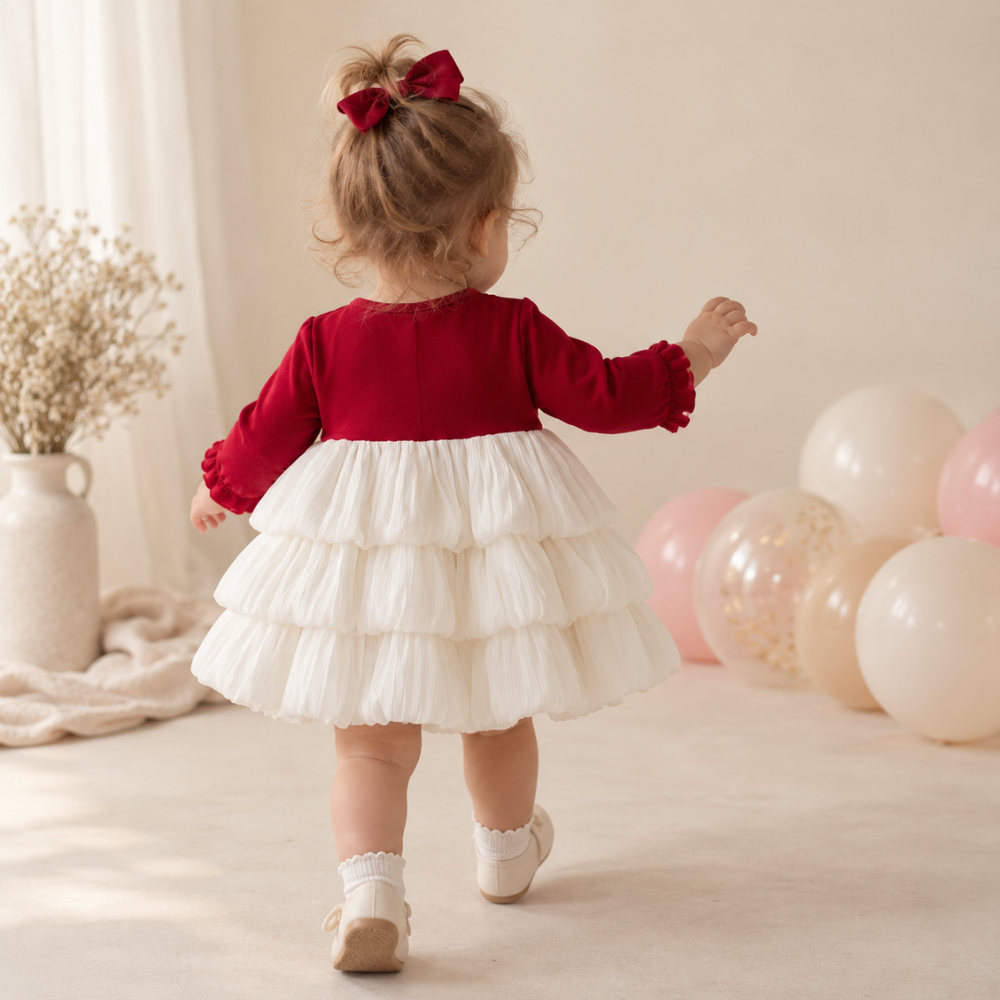 Robe de Princesse Bébé de Noël Rouge à Manches Longues et Grand Nœud – 6 à 24 mois