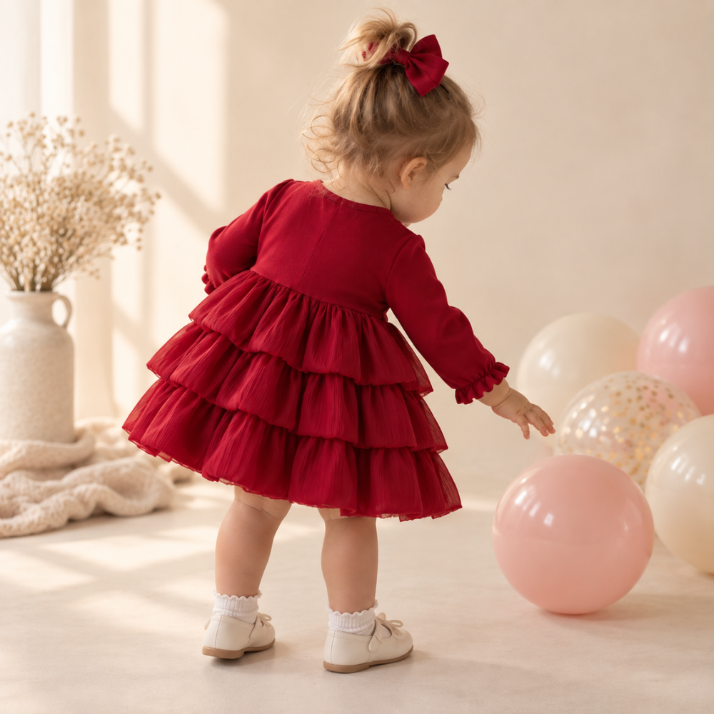 Robe de Princesse Bébé de Noël Rouge à Manches Longues et Grand Nœud – 6 à 24 mois