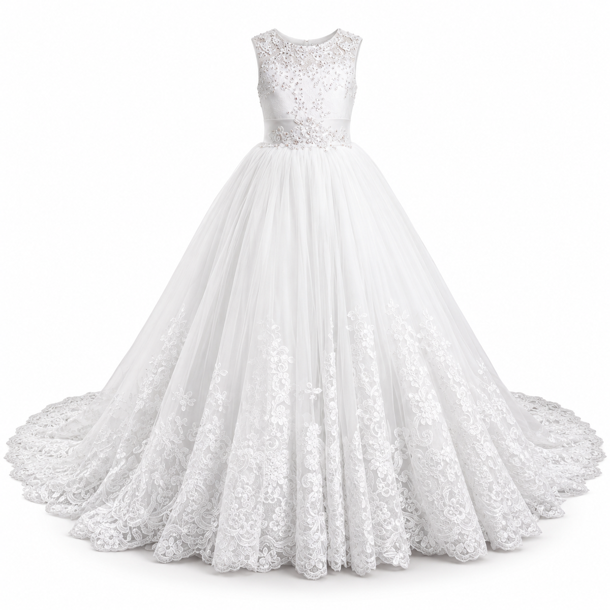 Robe de Cérémonie Fille Longue en Dentelle et Tulle  – 3 à 14 ans