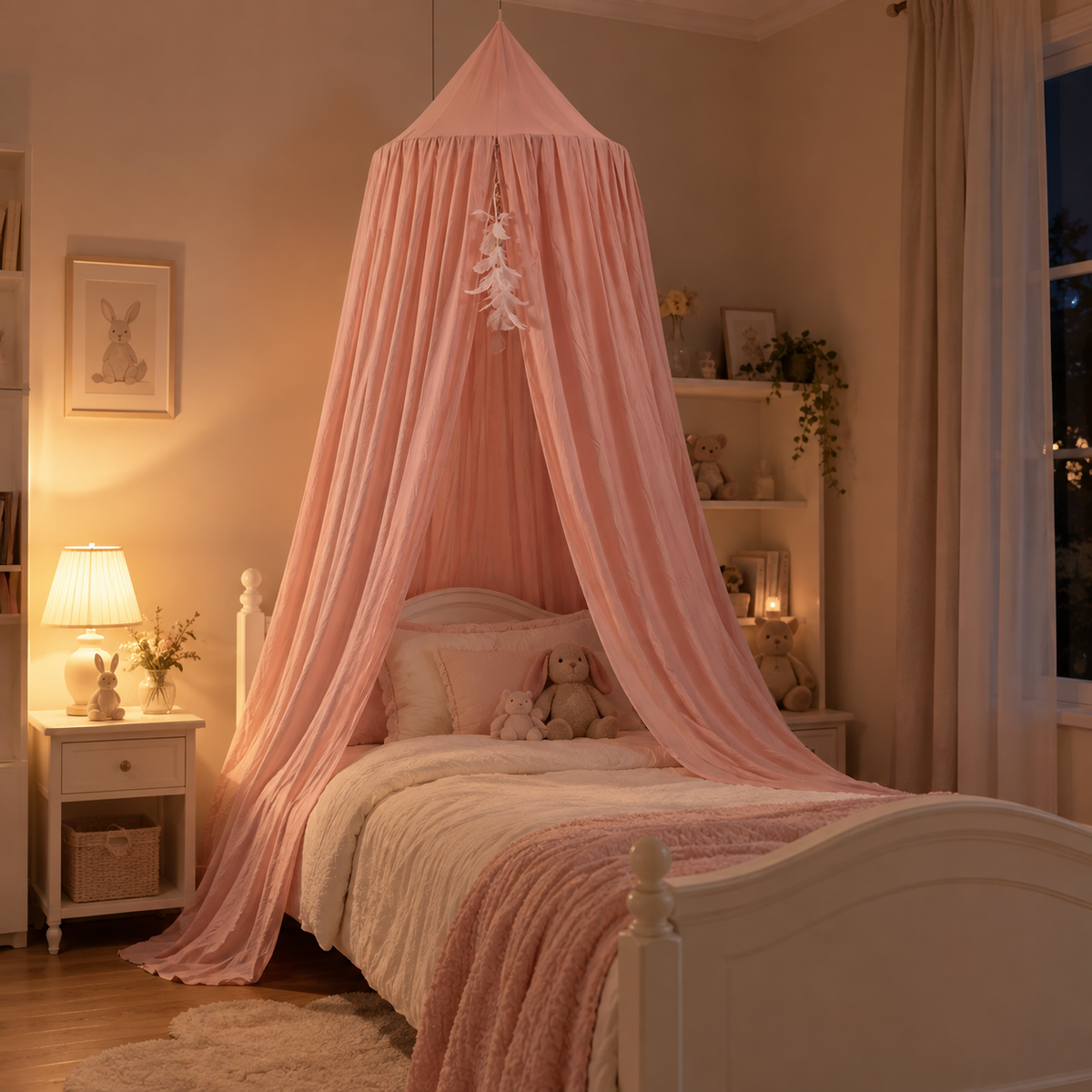 Ciel de Lit Enfant Fille Rose en Voilage Coton avec Plumes